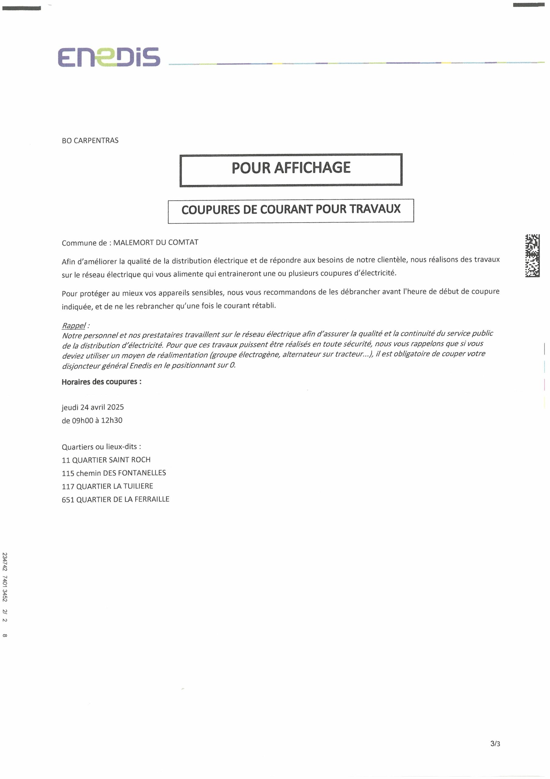 Coupures électricité ENEDIS - jeudi 24 avril 2025